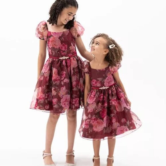 Rare Editions Big Girls Floral Organza Puff Sleeve Dress